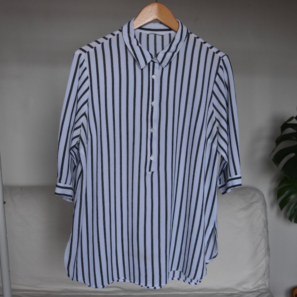 Black White Striped Blouse 3/4 Sleeve Office Workwear Top EU 42